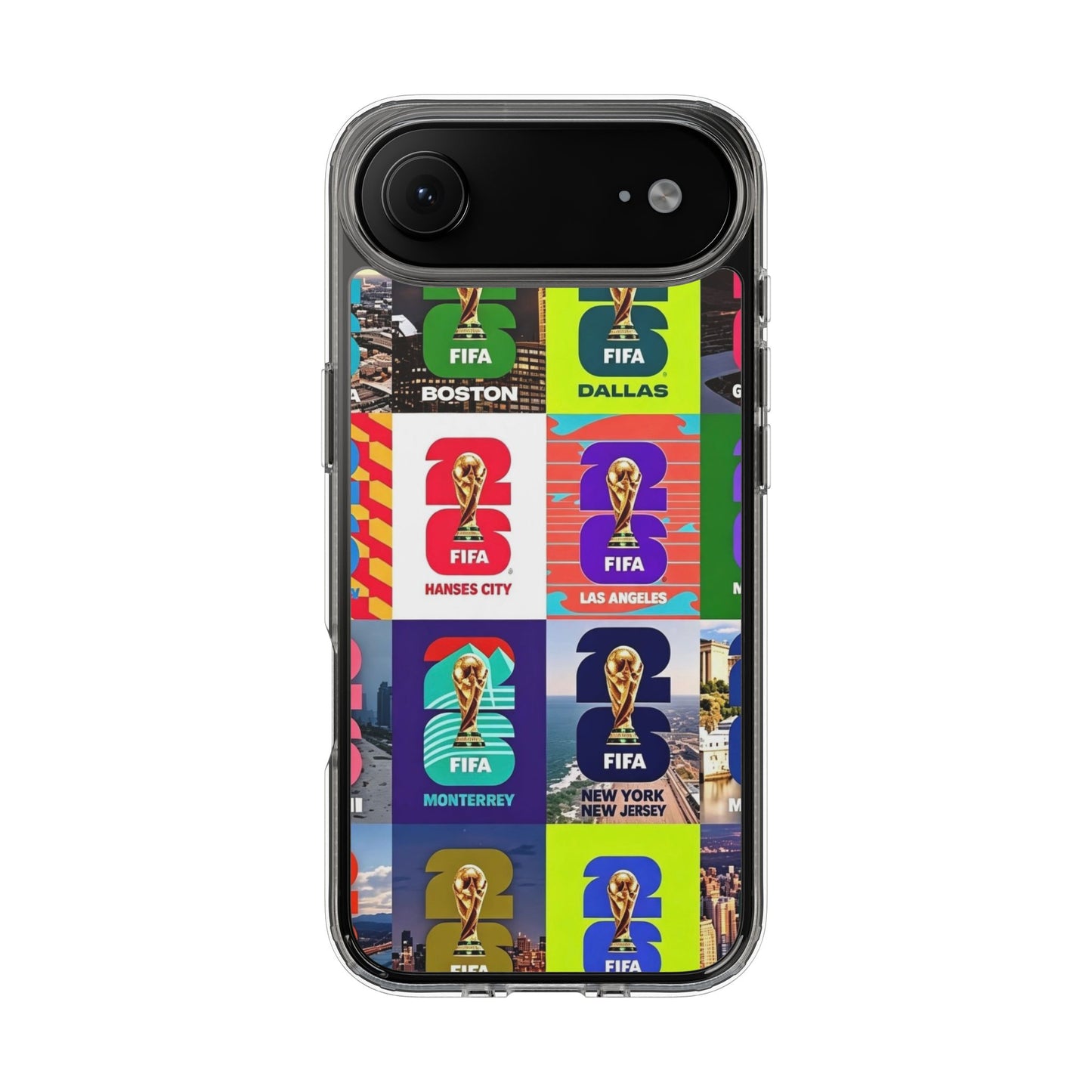 FIFA World Cup Pop Art Clear Phone Case — City Badge Collage (Dallas, LA, Monterrey, Toronto, Seattle)
