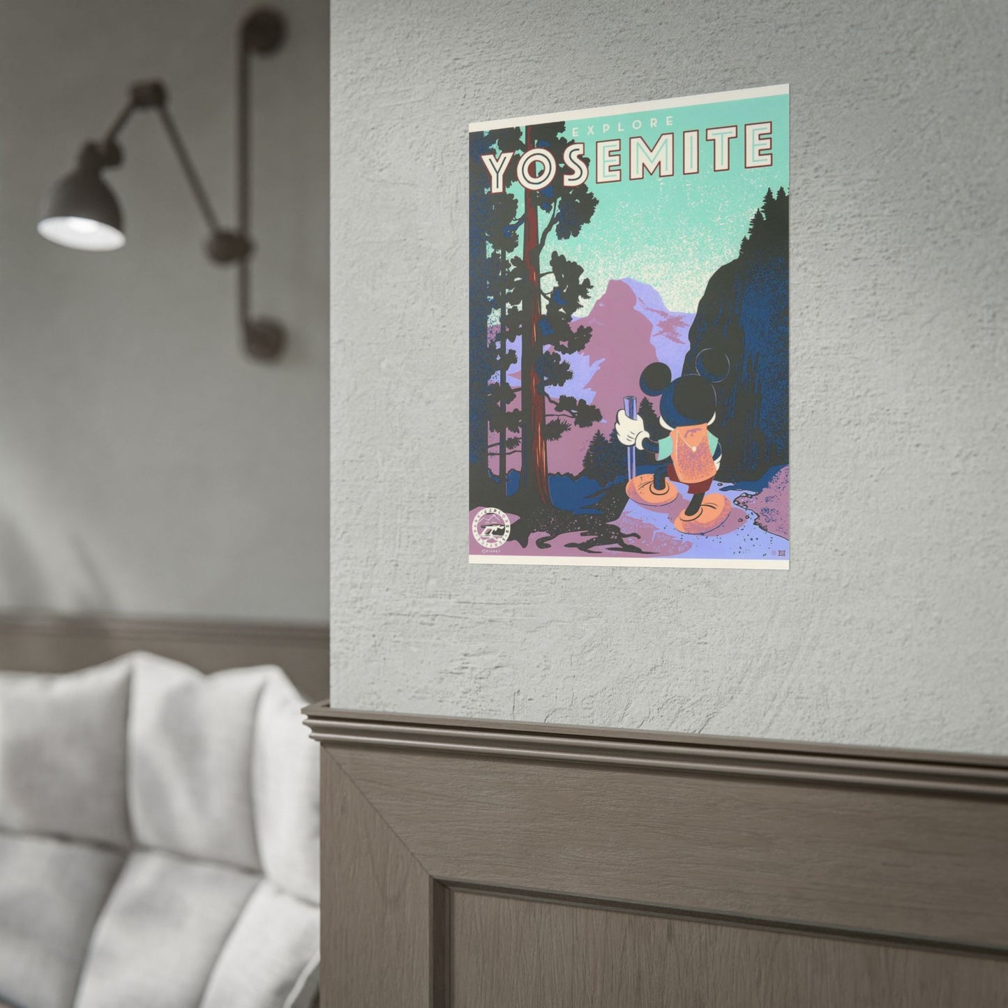 Yosemite Vintage Travel Poster — Mickey Mouse Hiking Rolled Poster