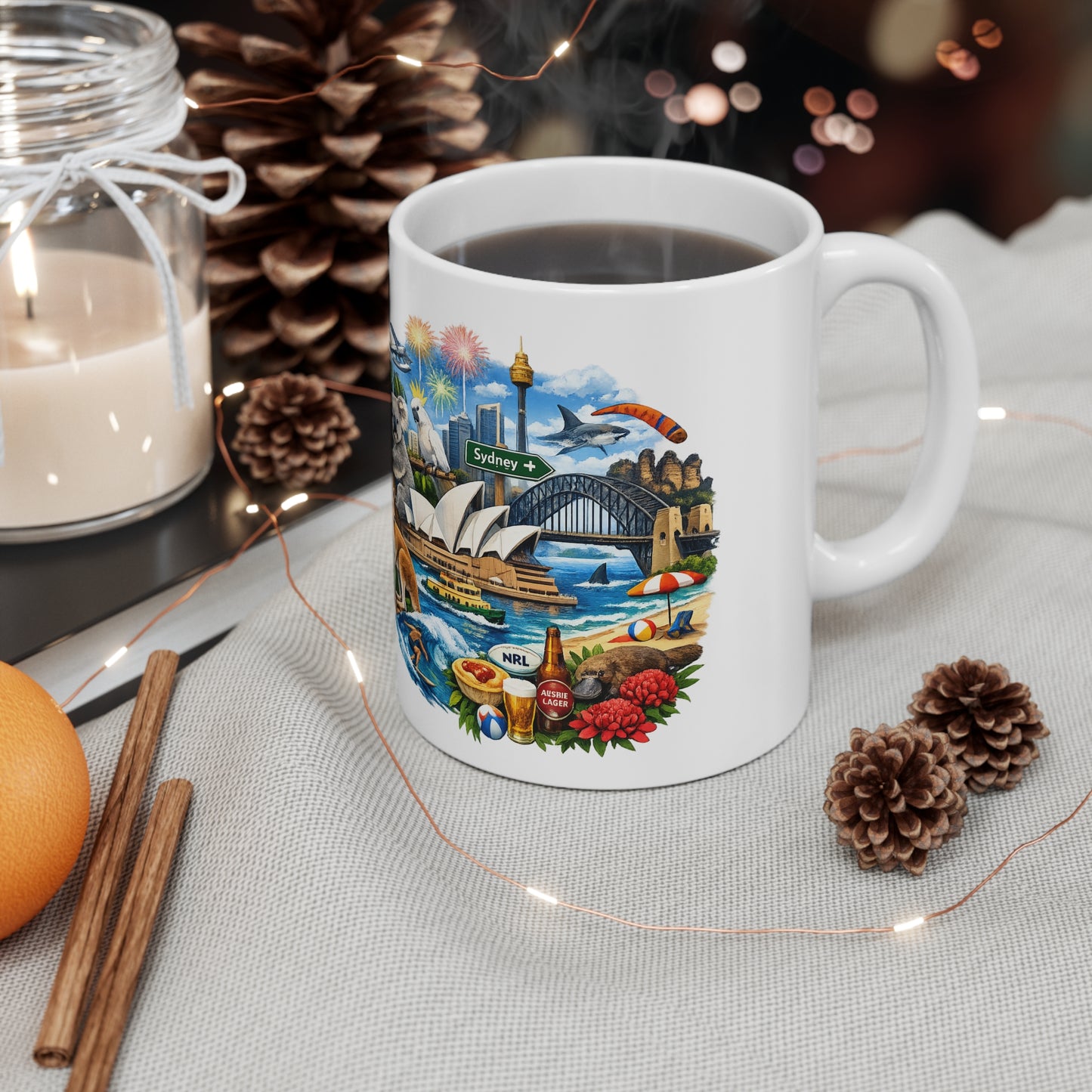 Sydney Australia Souvenir Coffee Mug — 11oz & 15oz Ceramic Cup with Opera House, Harbour Bridge & Native Wildlife