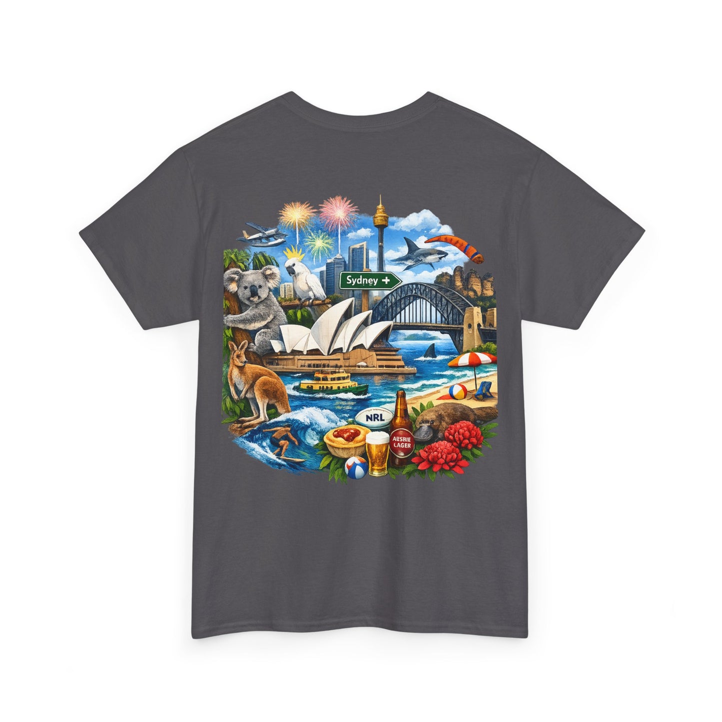 T-Shirt — Sydney Landmark Collage Tee (Opera House, Harbour Bridge, Koala & Beach Scene)