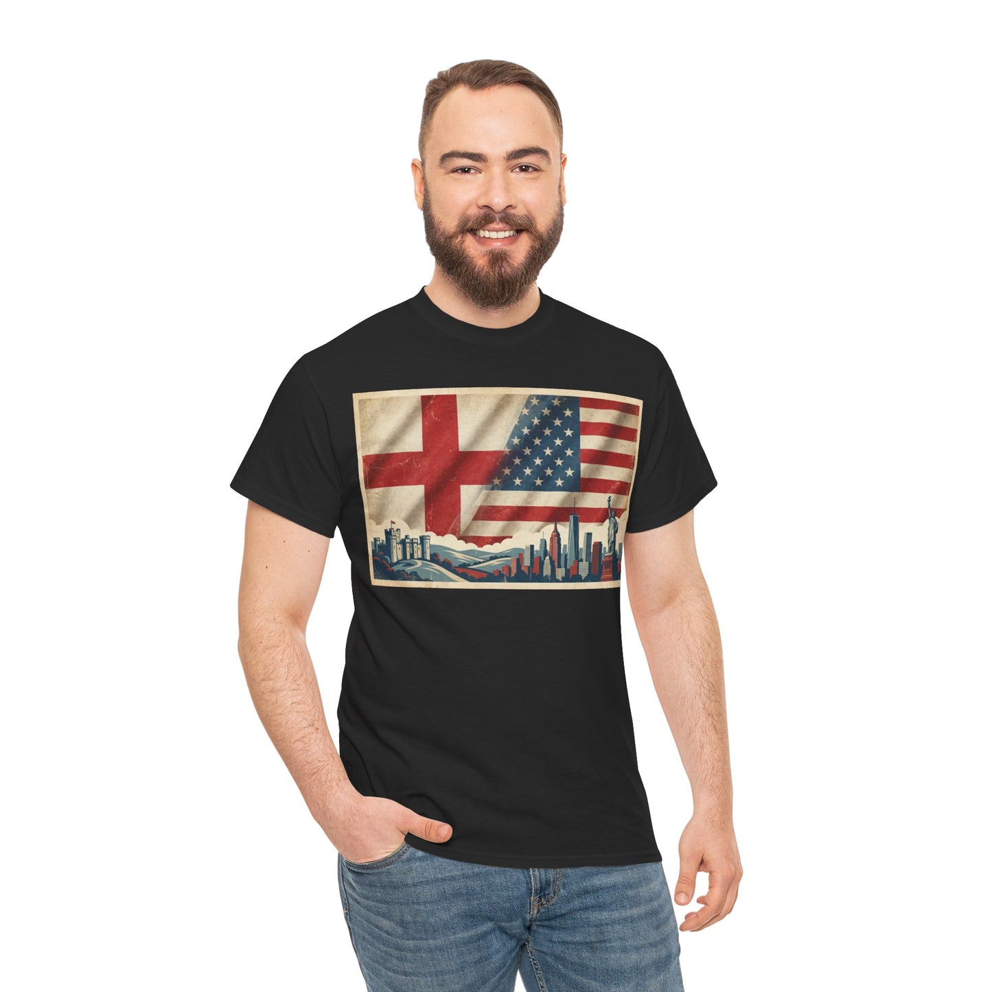 England + USA Flag Skyline T-Shirt — Vintage London & New York City Pride Tee