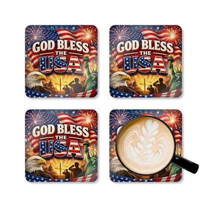 God Bless the USA Corkwood Coaster Set – Patriotic American Flag Eagle Statue of Liberty Design