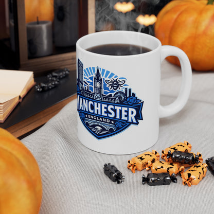 Manchester England Skyline Ceramic Mug — 11oz & 15oz Souvenir Coffee Cup