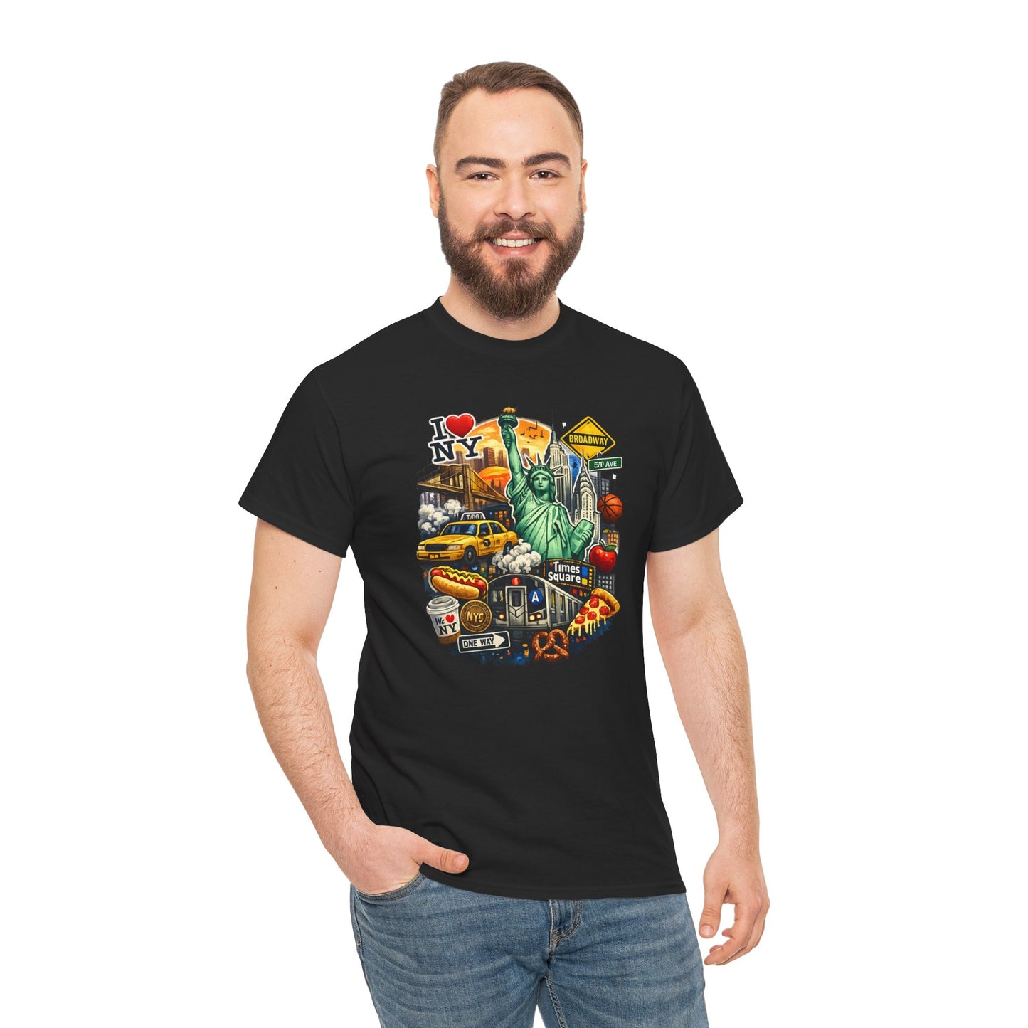 New York City Icons T-Shirt — Statue of Liberty, Taxi & I  NY Collage Tee