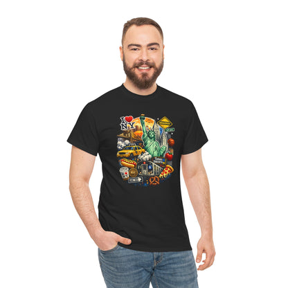 New York City Icons T-Shirt — Statue of Liberty, Taxi & I  NY Collage Tee