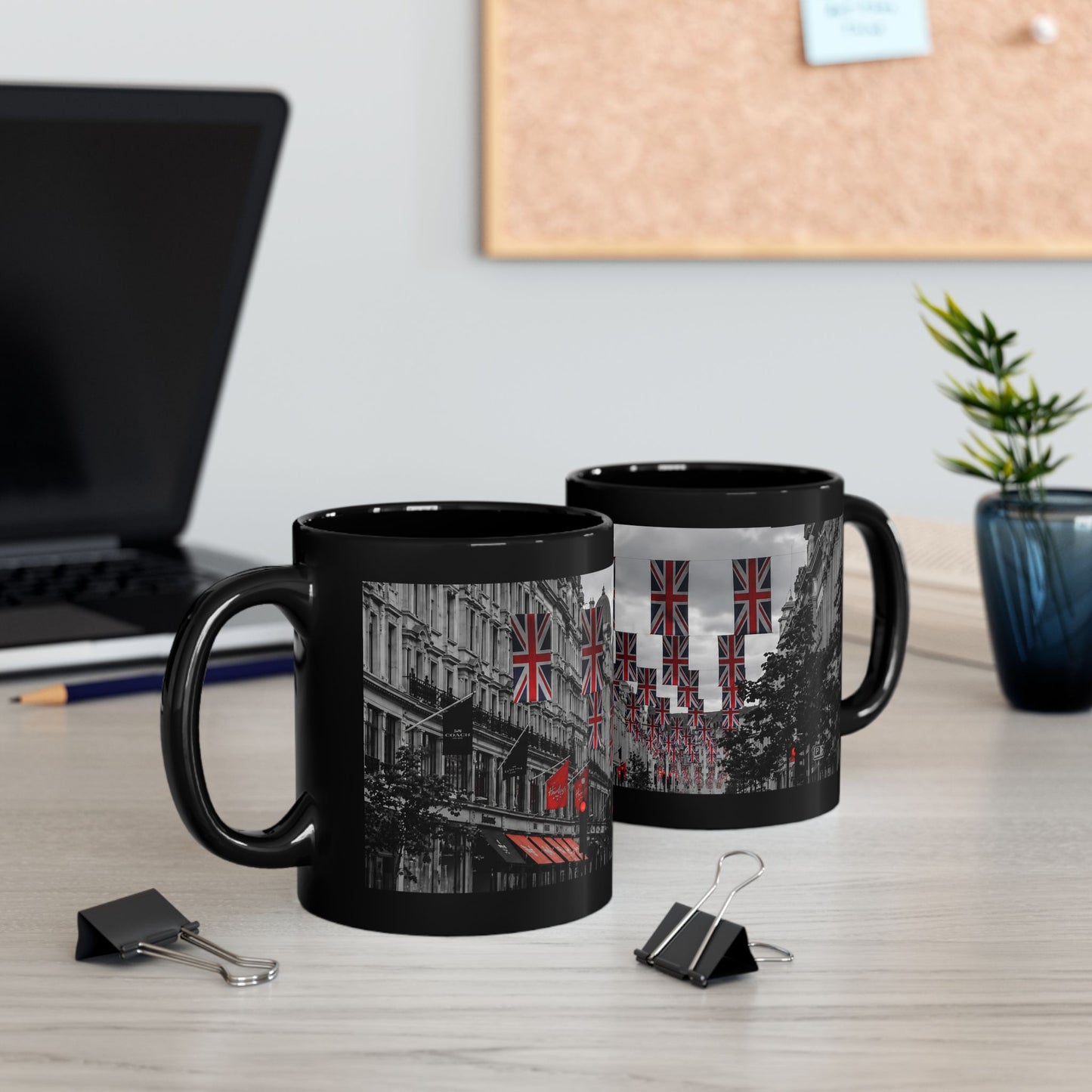 London Street Union Jack Street Scene Black Mug (11oz, 15oz) — London Flags Coffee Cup
