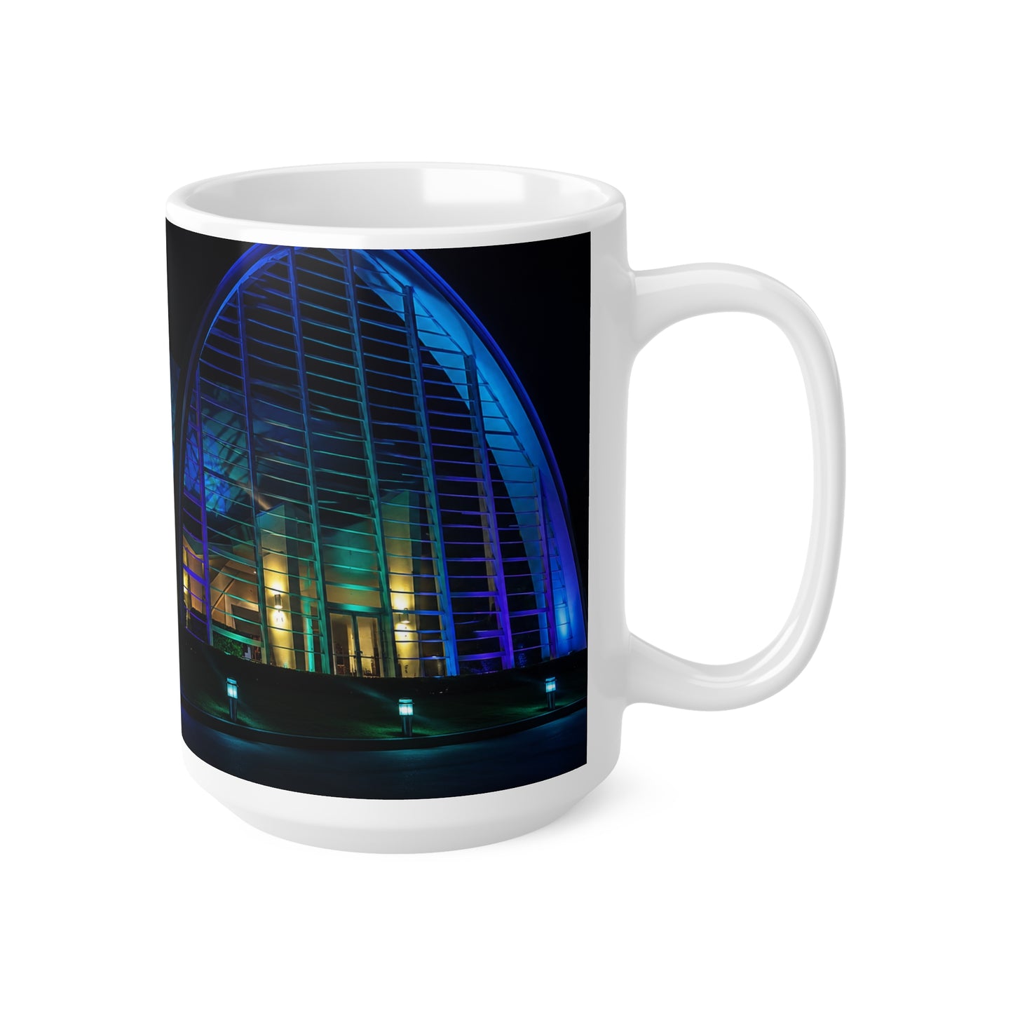 Nightlight Cityscape Mug — Neon Building Photo Ceramic Coffee Cup (11oz, 15oz)