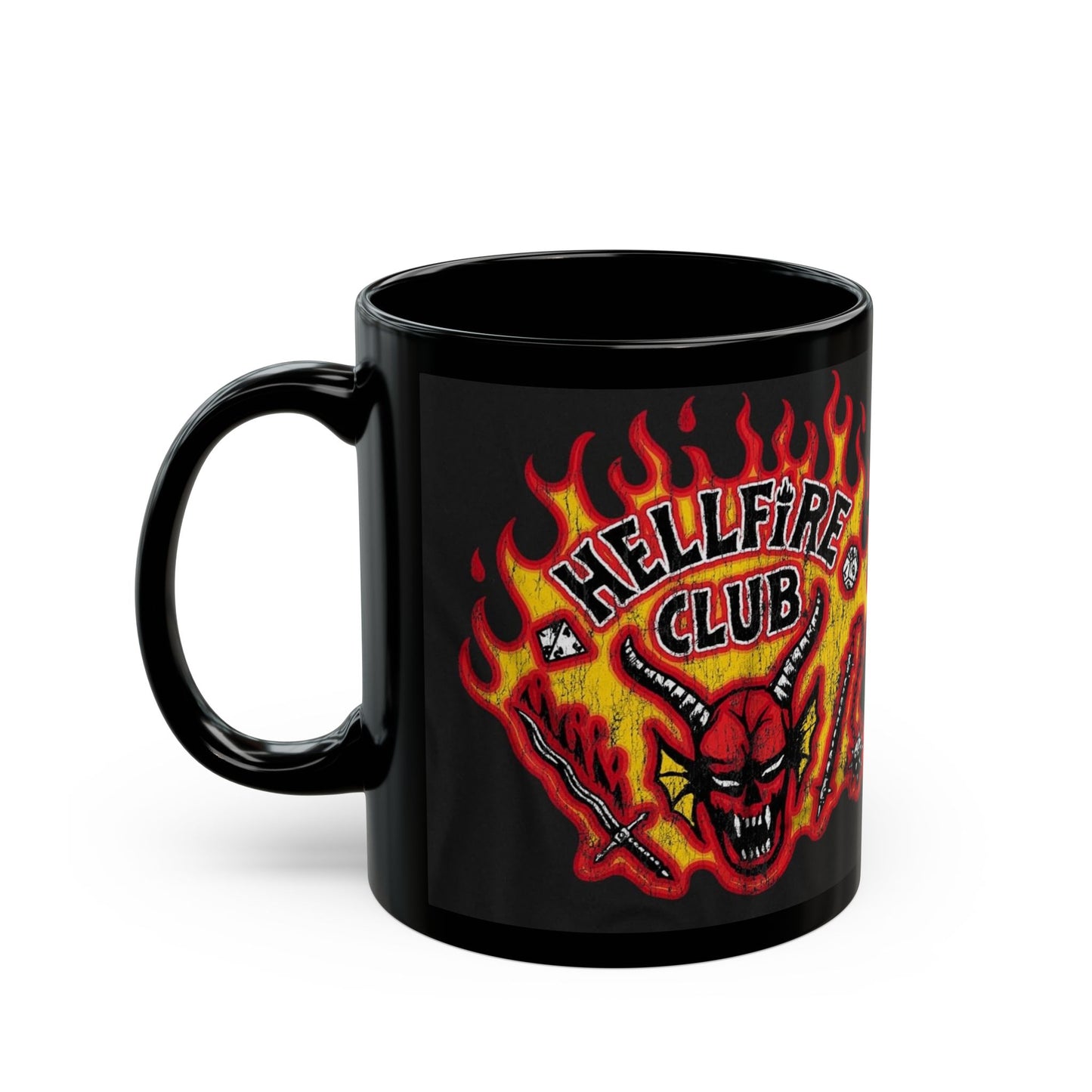 Hellfire Club Black Mug — Flaming Demon Skull Coffee Cup (11oz & 15oz)