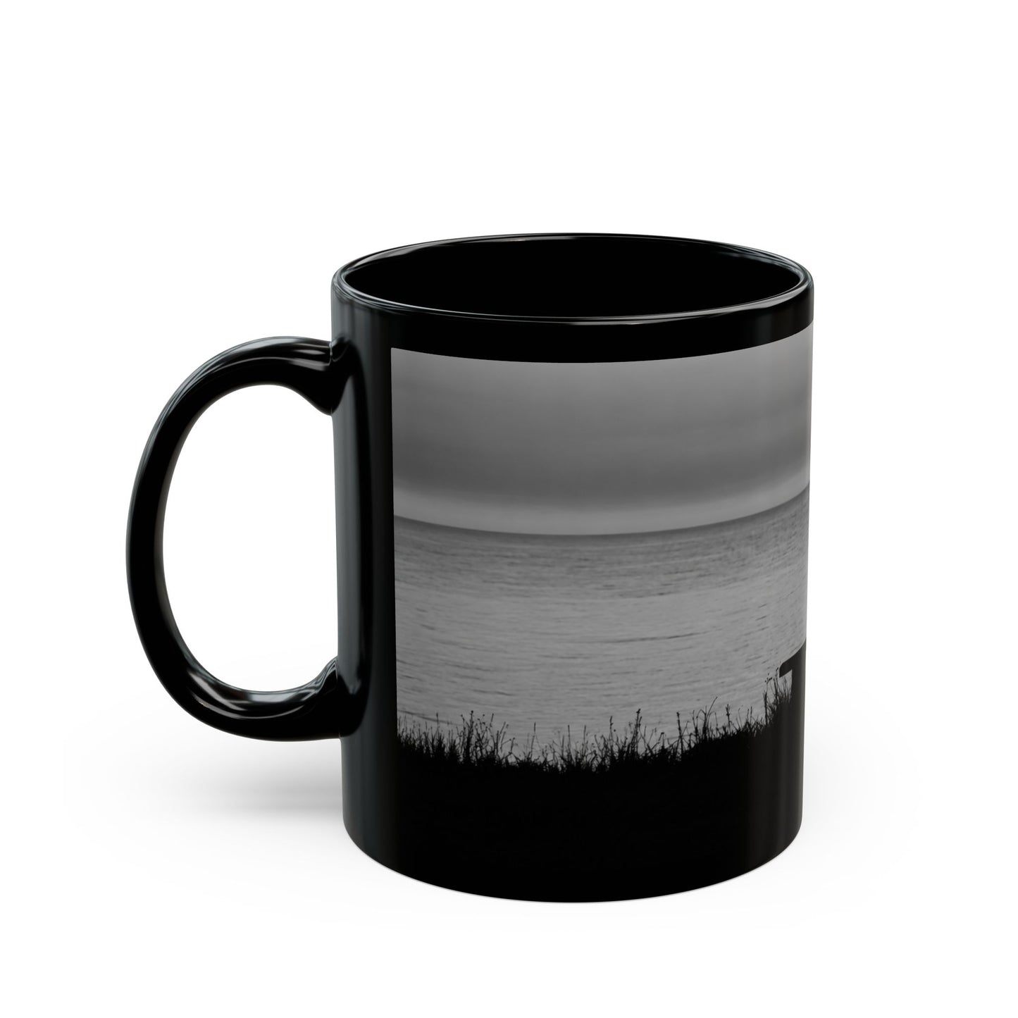 Silhouette by the Sea Black Coffee Mug — Reflective Ocean Sunset Gift (11oz, 15oz)
