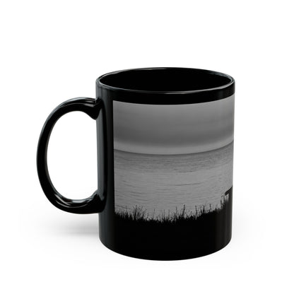 Silhouette by the Sea Black Coffee Mug — Reflective Ocean Sunset Gift (11oz, 15oz)