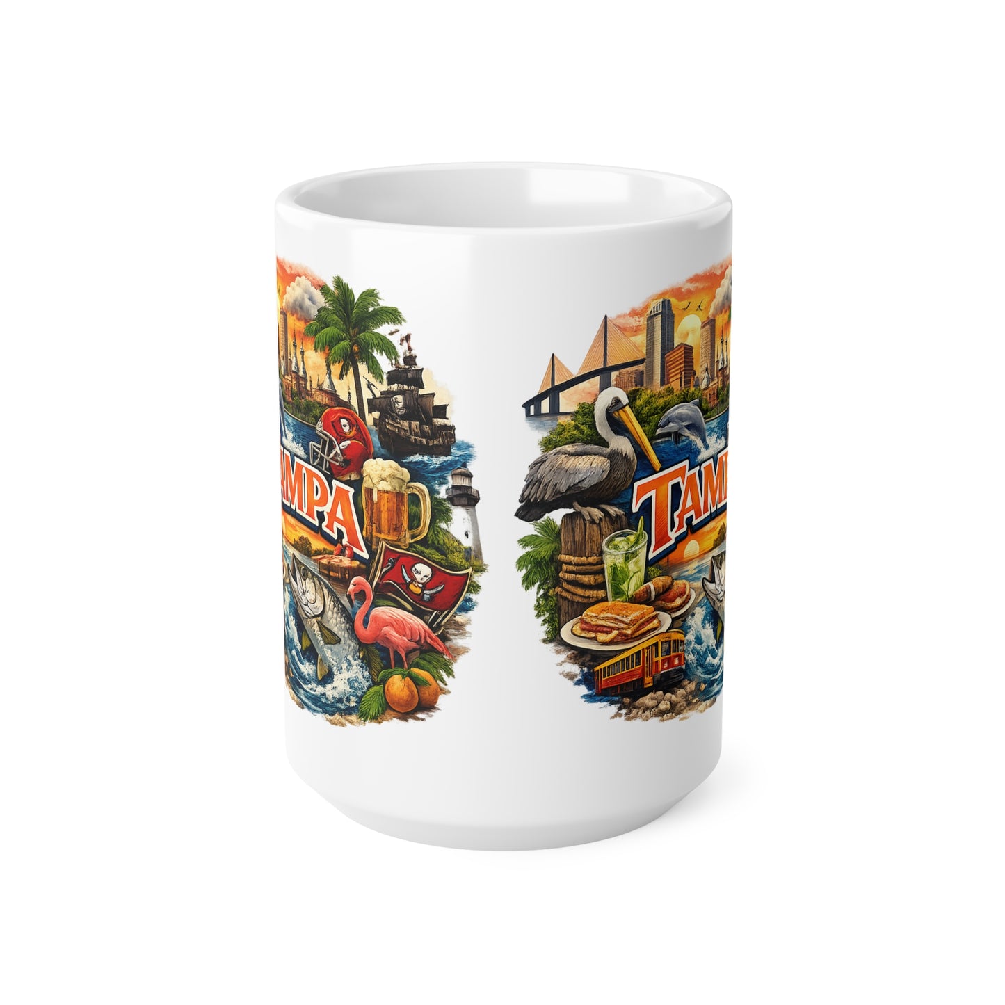 Tampa Cityscape Ceramic Coffee Mug — 11oz & 15oz Souvenir Mug with Skyline, Pelican & Tropical Icons