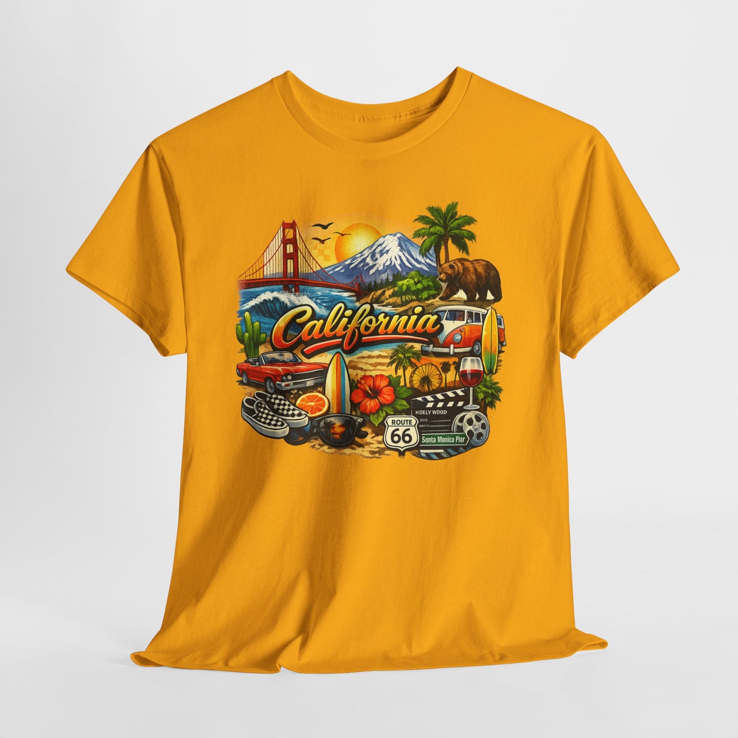 California Vintage Travel T-Shirt — Golden Gate, Palm Trees & Route 66 Tee