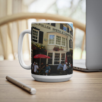 Richmond Ted Lasso Vintage English Pub Street Scene Mug – Café Outdoor Seating Photo Ceramic Coffee Cup (11oz & 15oz)