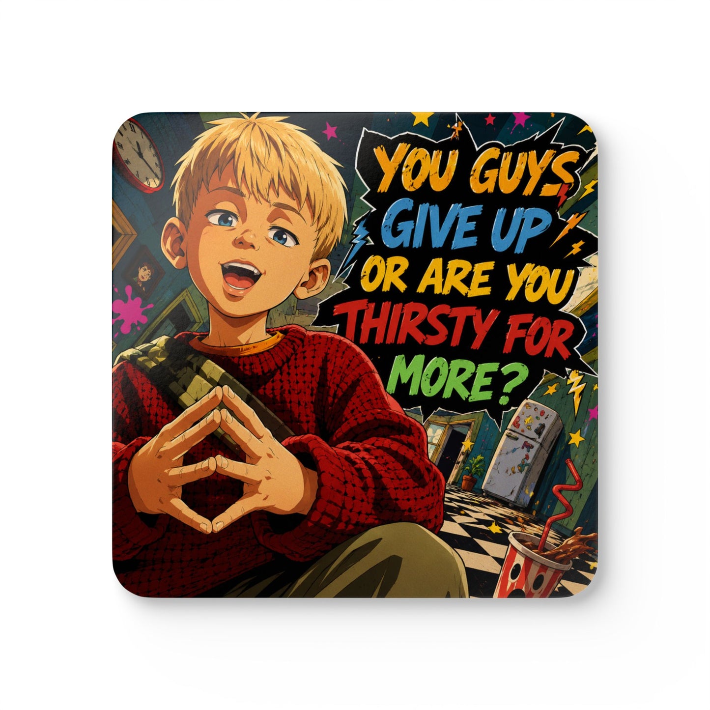 Home Alone Inspired Anime Quote Corkwood Coaster Set — "You Guys Give Up or Are You Thirsty for More?"