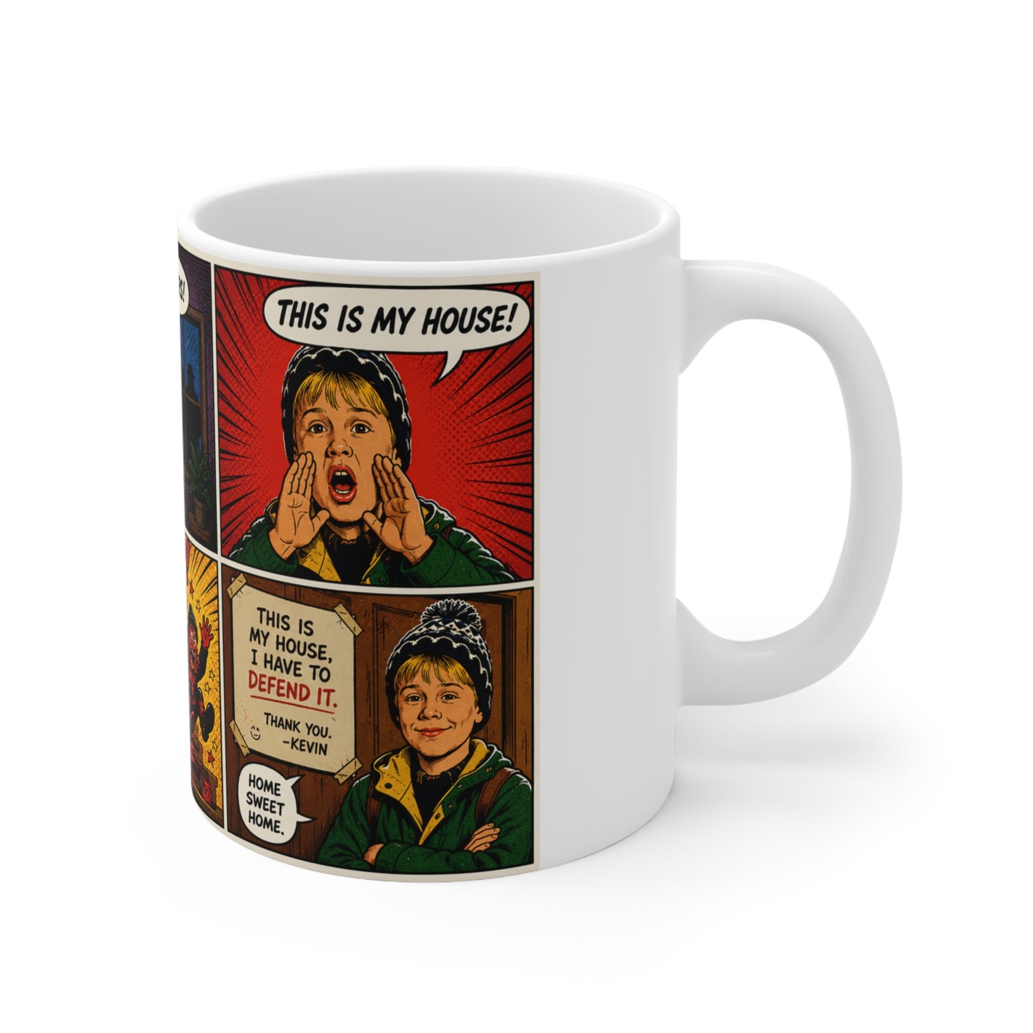 Home Alone Comic Strip Ceramic Coffee Mug — Vintage Pop Art Horror Panels (11oz & 15oz)