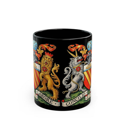 Manchester Coat of Arms Crest Mug — 'Concilio et Labore' Black Coffee Cup