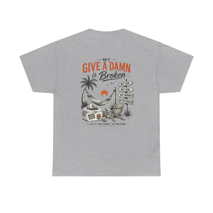 T-Shirt — “Too Old to Care” / “My Give a Damn is Broken” Vintage Beach Graphic Tee