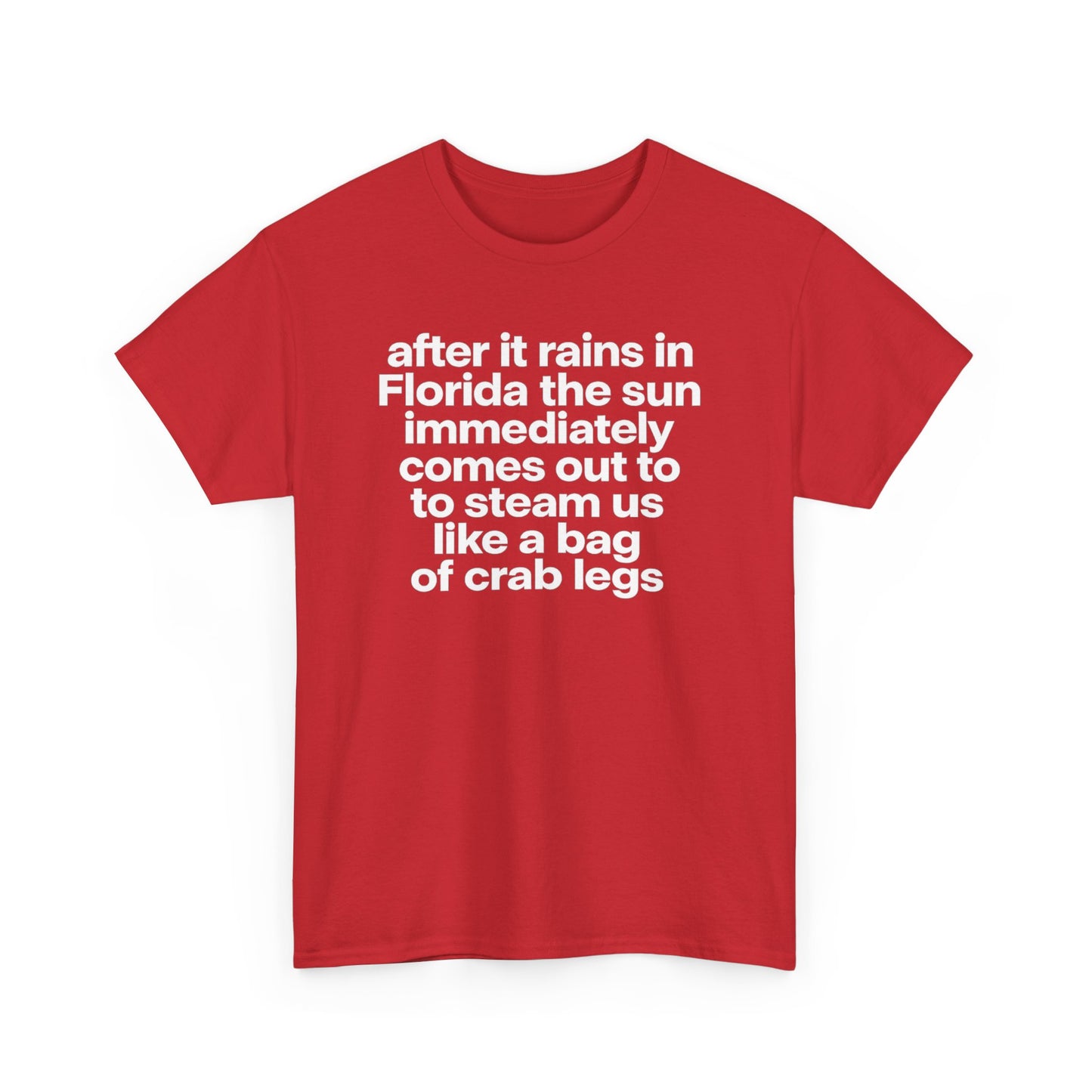 T-Shirt — "after it rains in Florida the sun immediately comes out to steam us like a bag of crab legs" Funny Florida Weather Tee