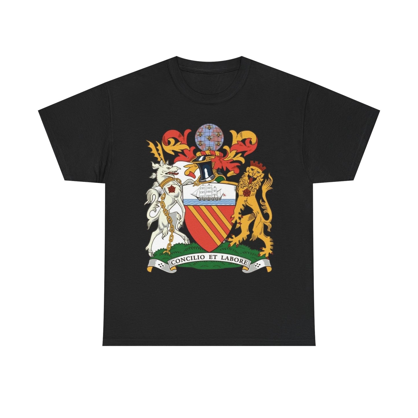 Manchester Coat of Arms Crest T‑Shirt — Heraldic Family Shield Tee with 'Concilio et Labore' Banner