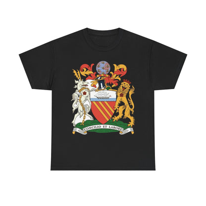Manchester Coat of Arms Crest T‑Shirt — Heraldic Family Shield Tee with 'Concilio et Labore' Banner