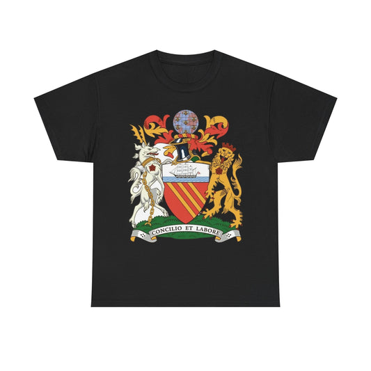 Manchester Coat of Arms Crest T‑Shirt — Heraldic Family Shield Tee with 'Concilio et Labore' Banner