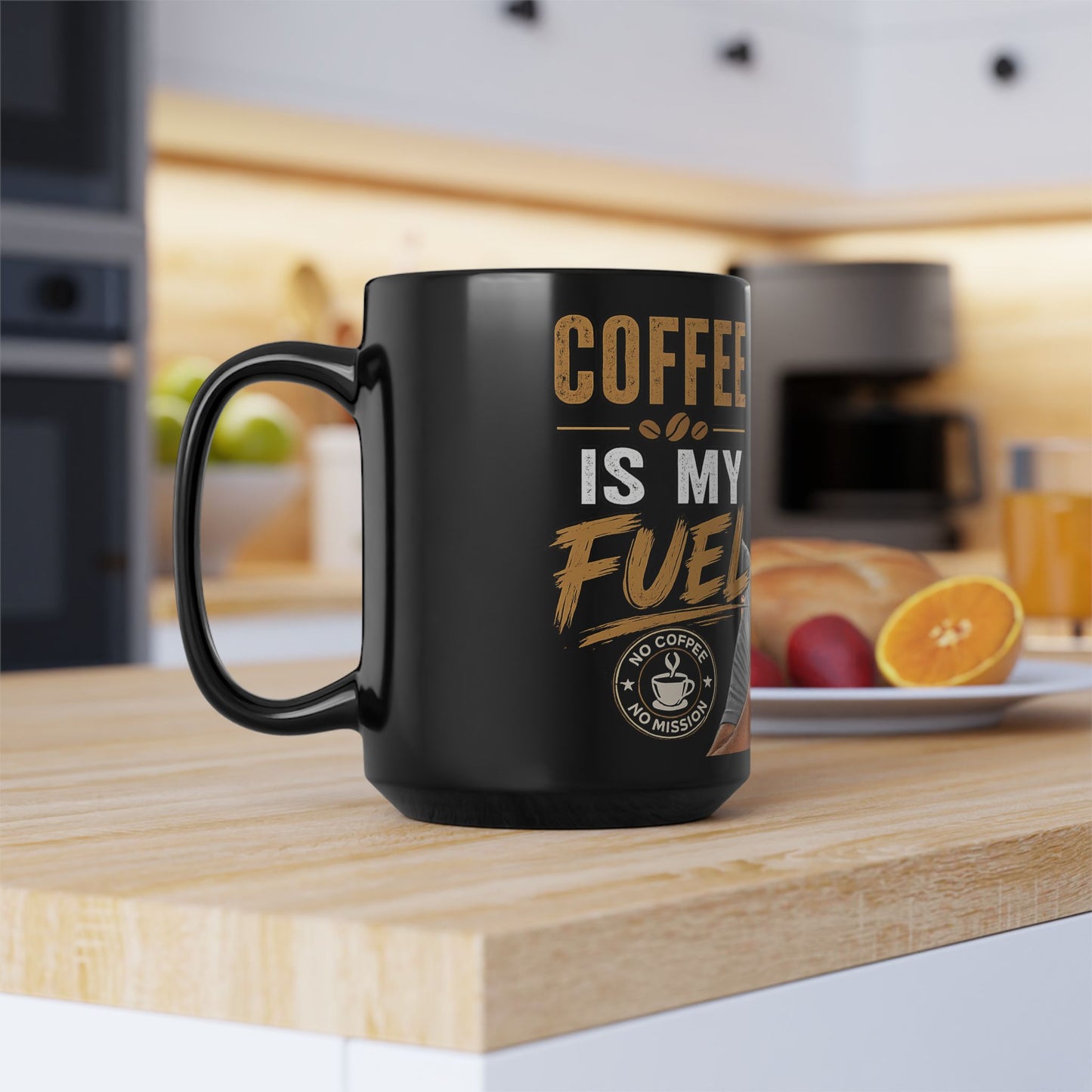 Fueled by Coffee Mug — Black Ceramic Coffee Cup (11oz & 15oz)