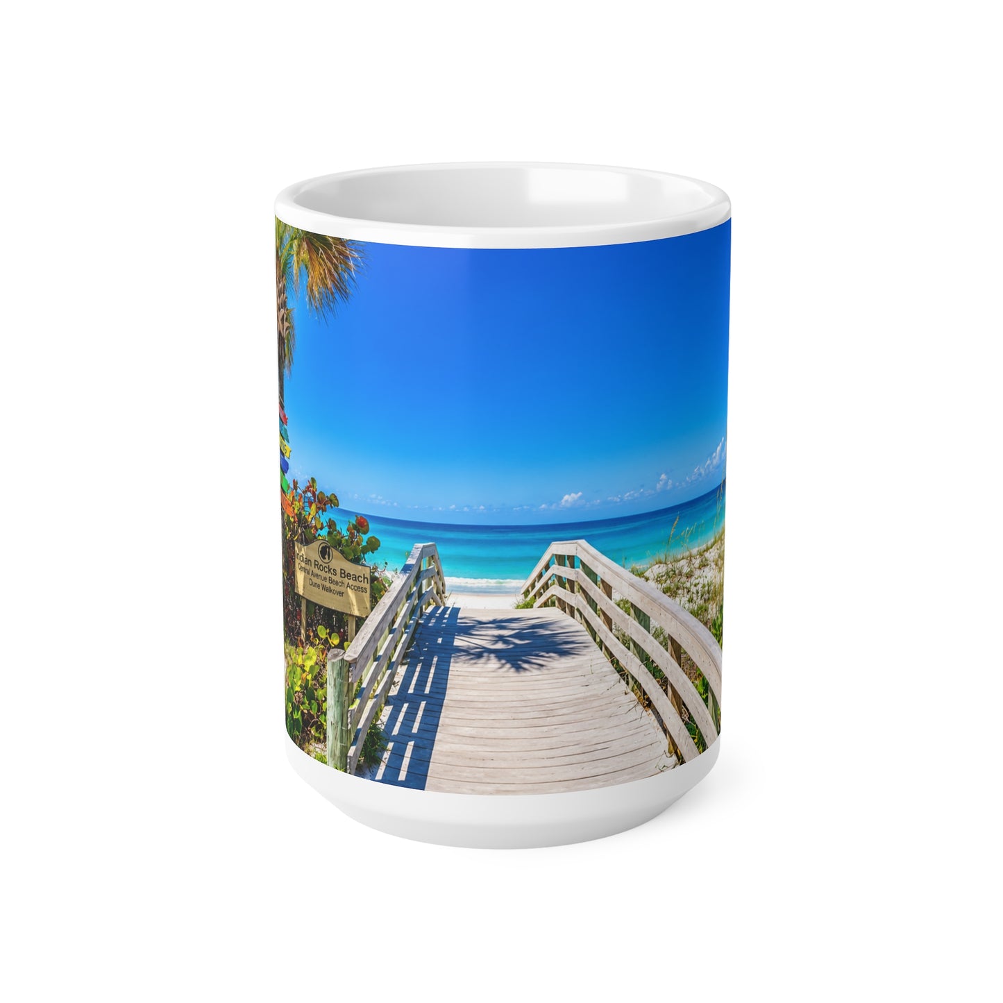 Indian Rocks Beach Boardwalk Coffee Mug — Tropical Palm Sunrise Ceramic Mug (11oz & 15oz)