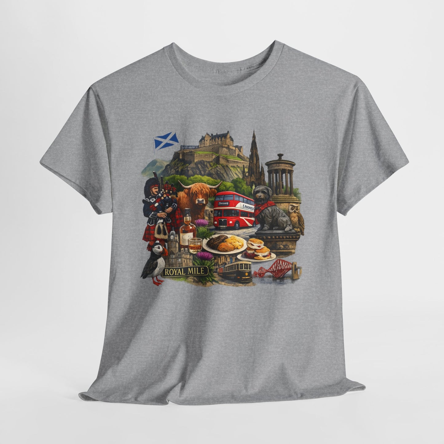 Scotland / Edinburgh Travel Collage T-Shirt — Edinburgh Castle, Bagpipes & Local Icons