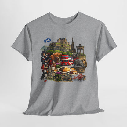 Scotland / Edinburgh Travel Collage T-Shirt — Edinburgh Castle, Bagpipes & Local Icons