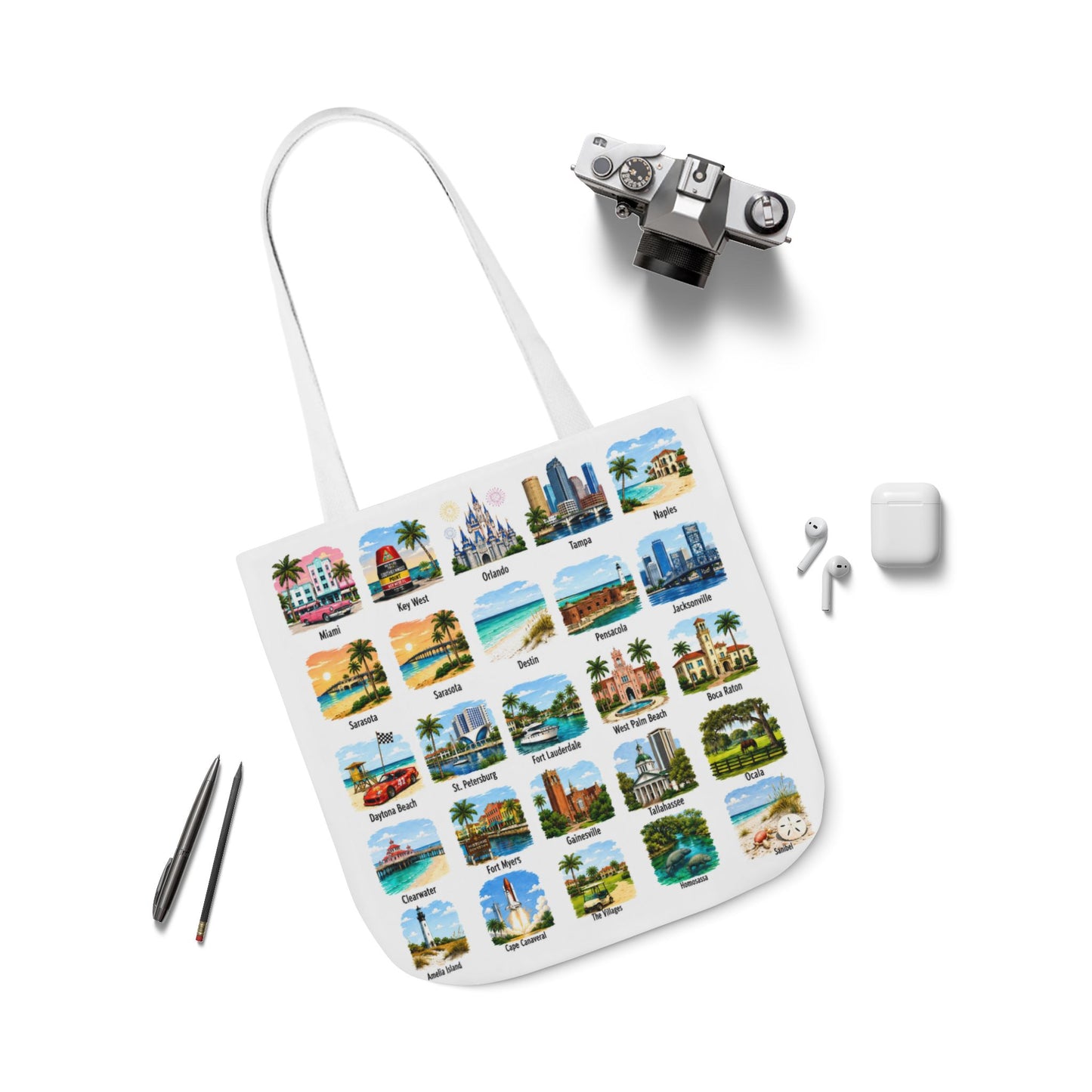 Florida City Landmark Collage Canvas Tote Bag — Vintage Travel Icons Print