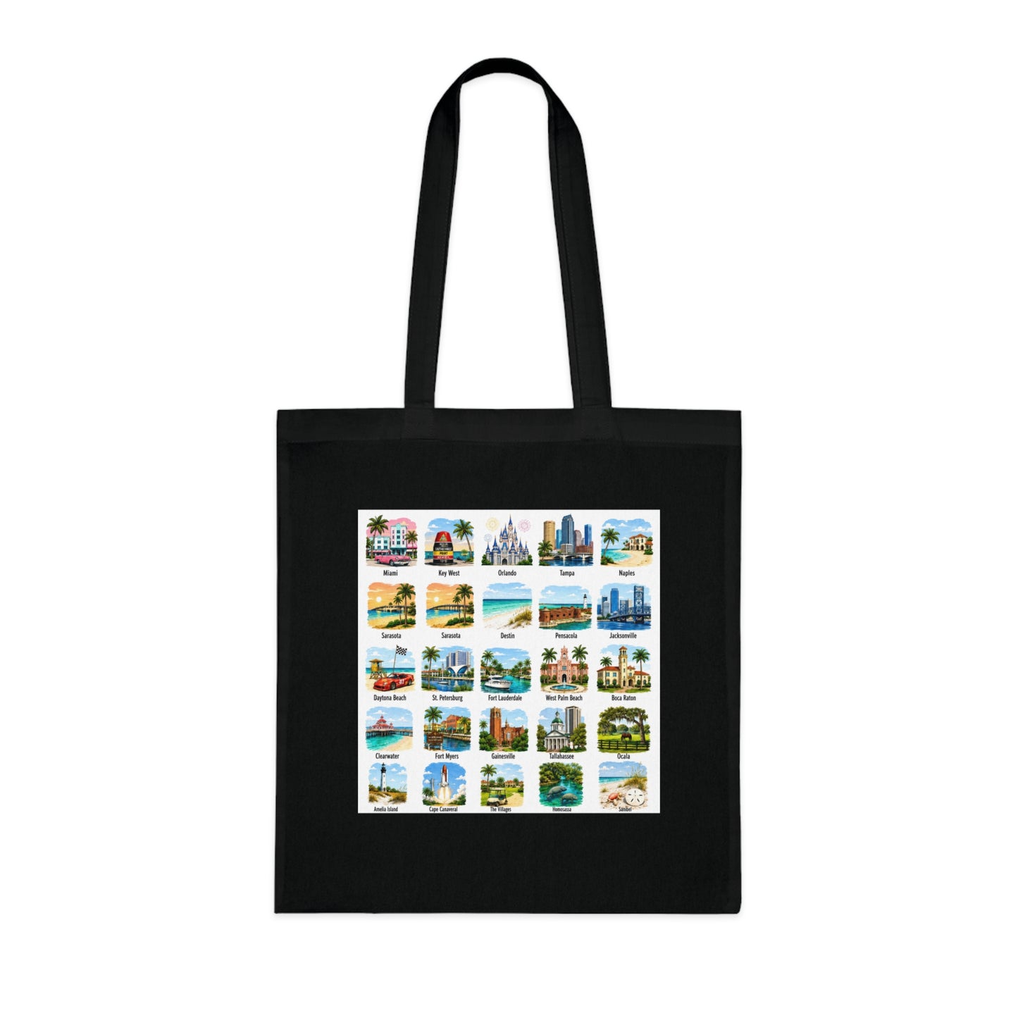 Florida City Landmarks Collage Cotton Tote – Vintage Travel Postcard Design