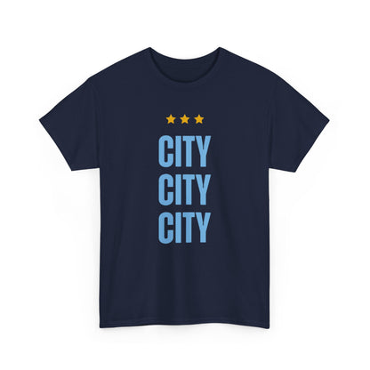 Manchester City City City Tee — Minimal Skyline Graphic T‑Shirt with Three Stars