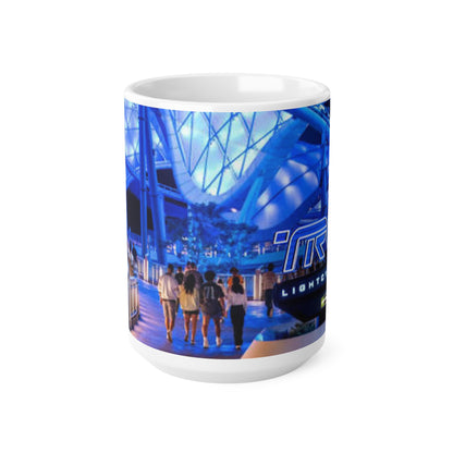 Blue Neon Cityscape Mug — Vibrant Nighttime Urban Photography Ceramic Coffee Cup (11oz & 15oz)