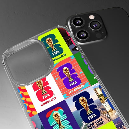 FIFA World Cup Pop Art Clear Phone Case — City Badge Collage (Dallas, LA, Monterrey, Toronto, Seattle)