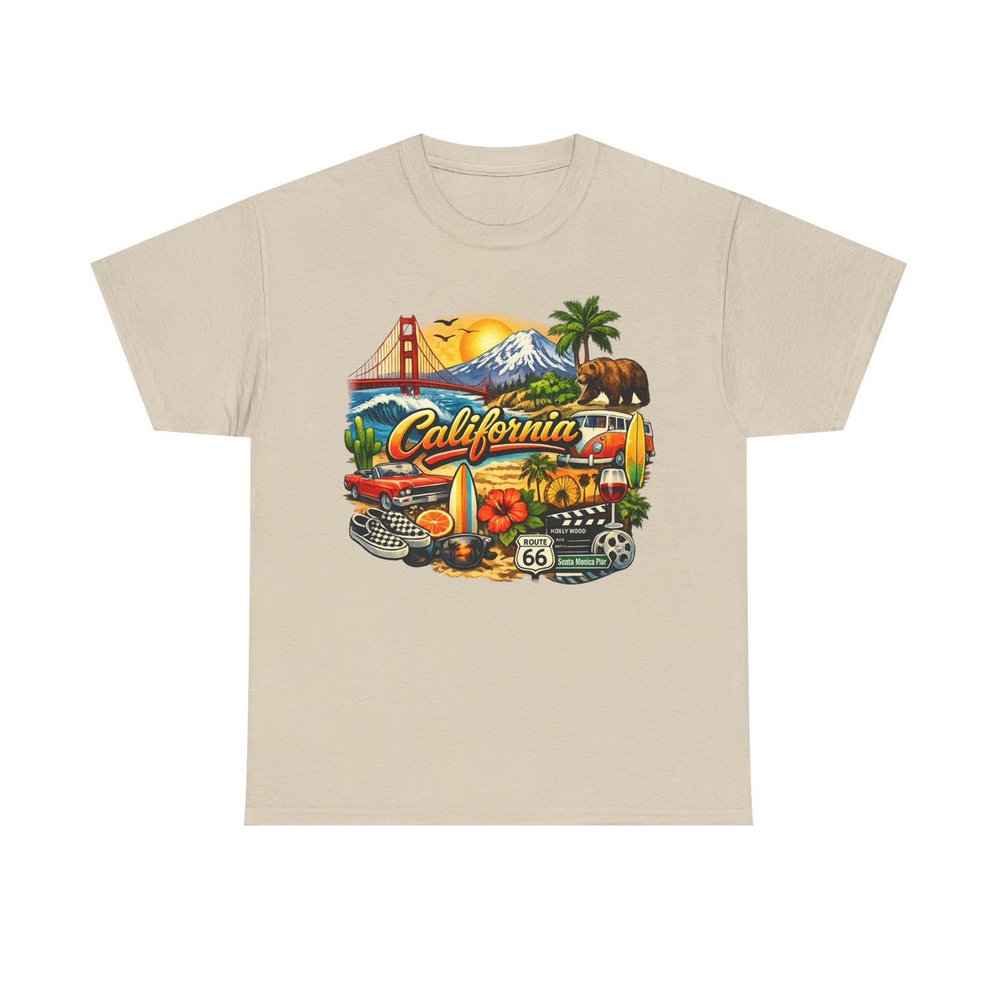 California Vintage Travel T-Shirt — Golden Gate, Palm Trees & Route 66 Tee