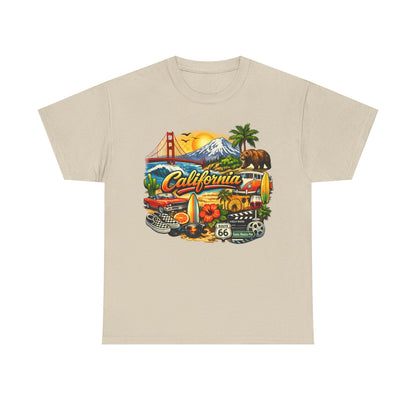 California Vintage Travel T-Shirt — Golden Gate, Palm Trees & Route 66 Tee