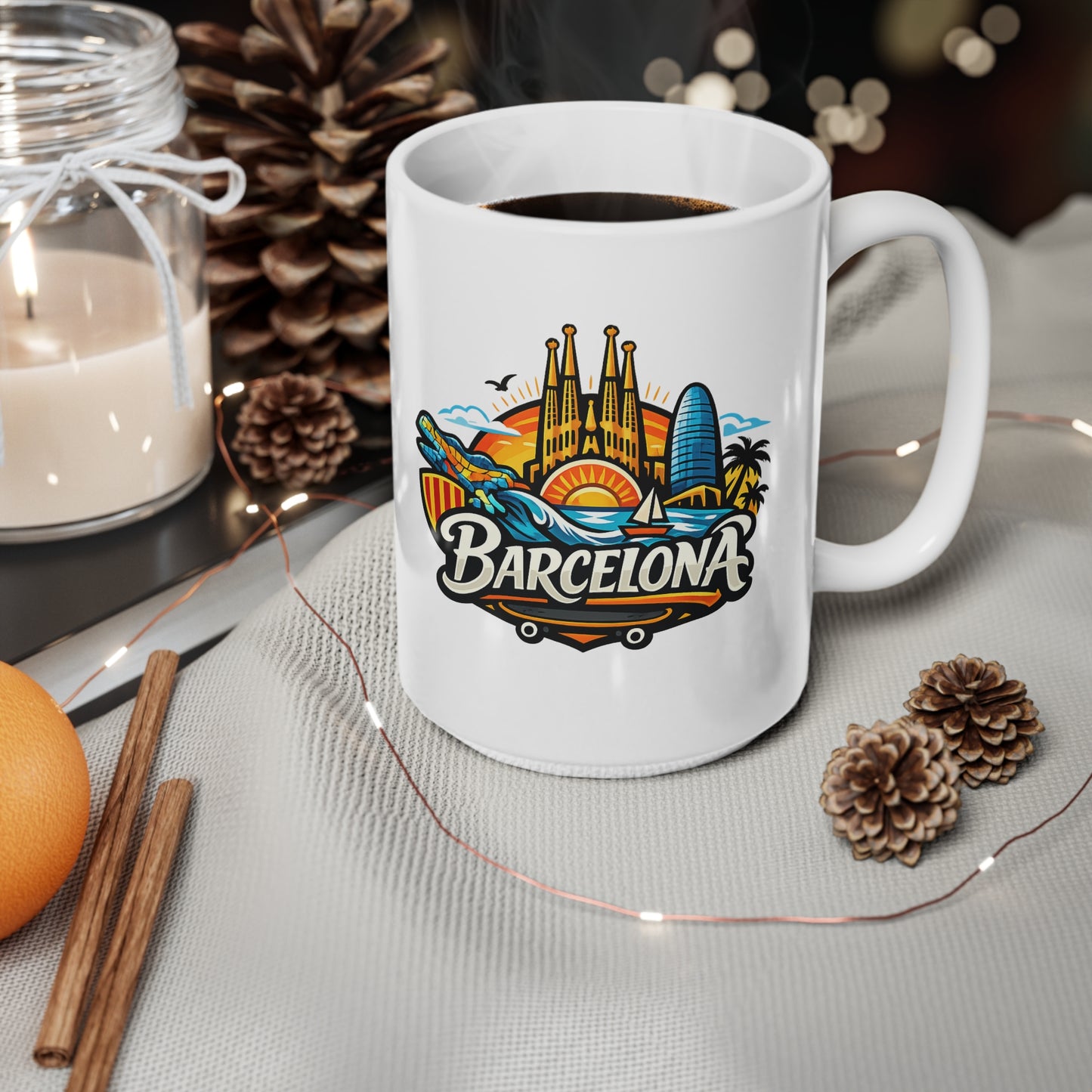 Barcelona Skyline Coffee Mug — Colorful Travel Souvenir 11oz/15oz