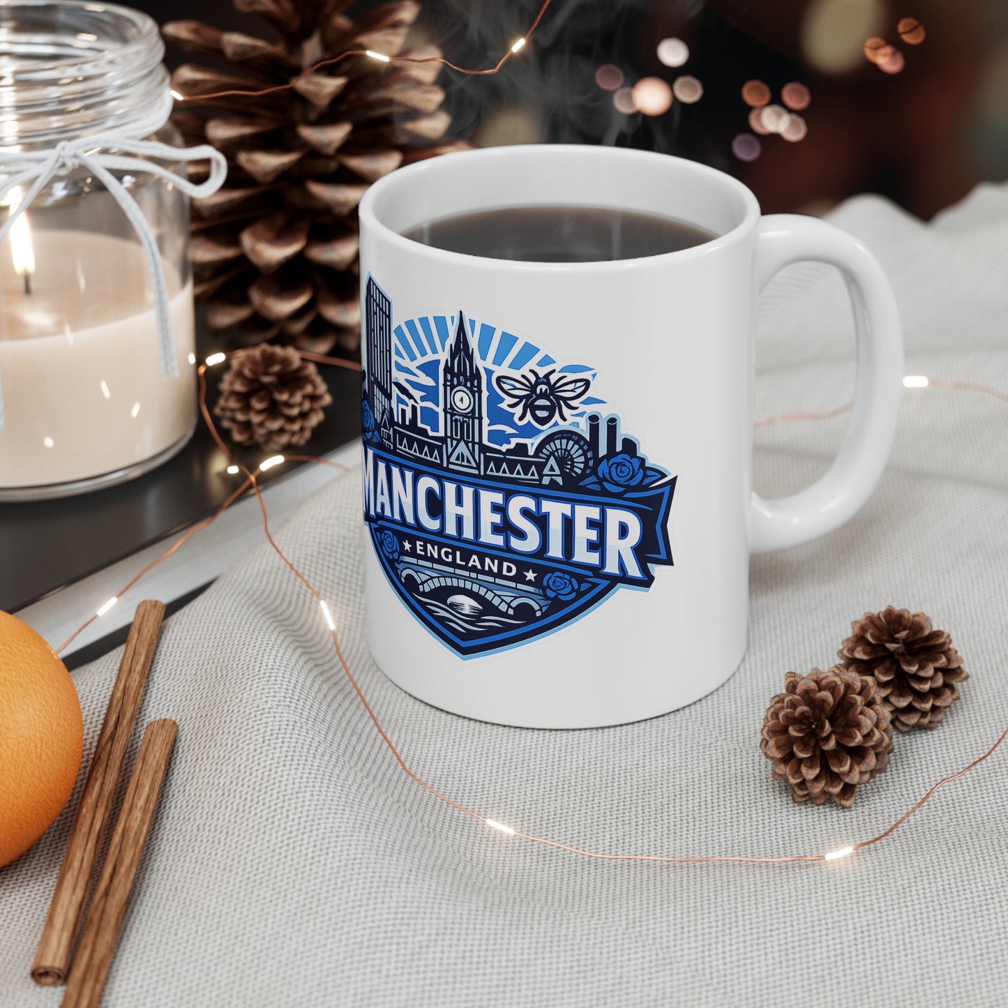 Manchester England Skyline Ceramic Mug — 11oz & 15oz Souvenir Coffee Cup