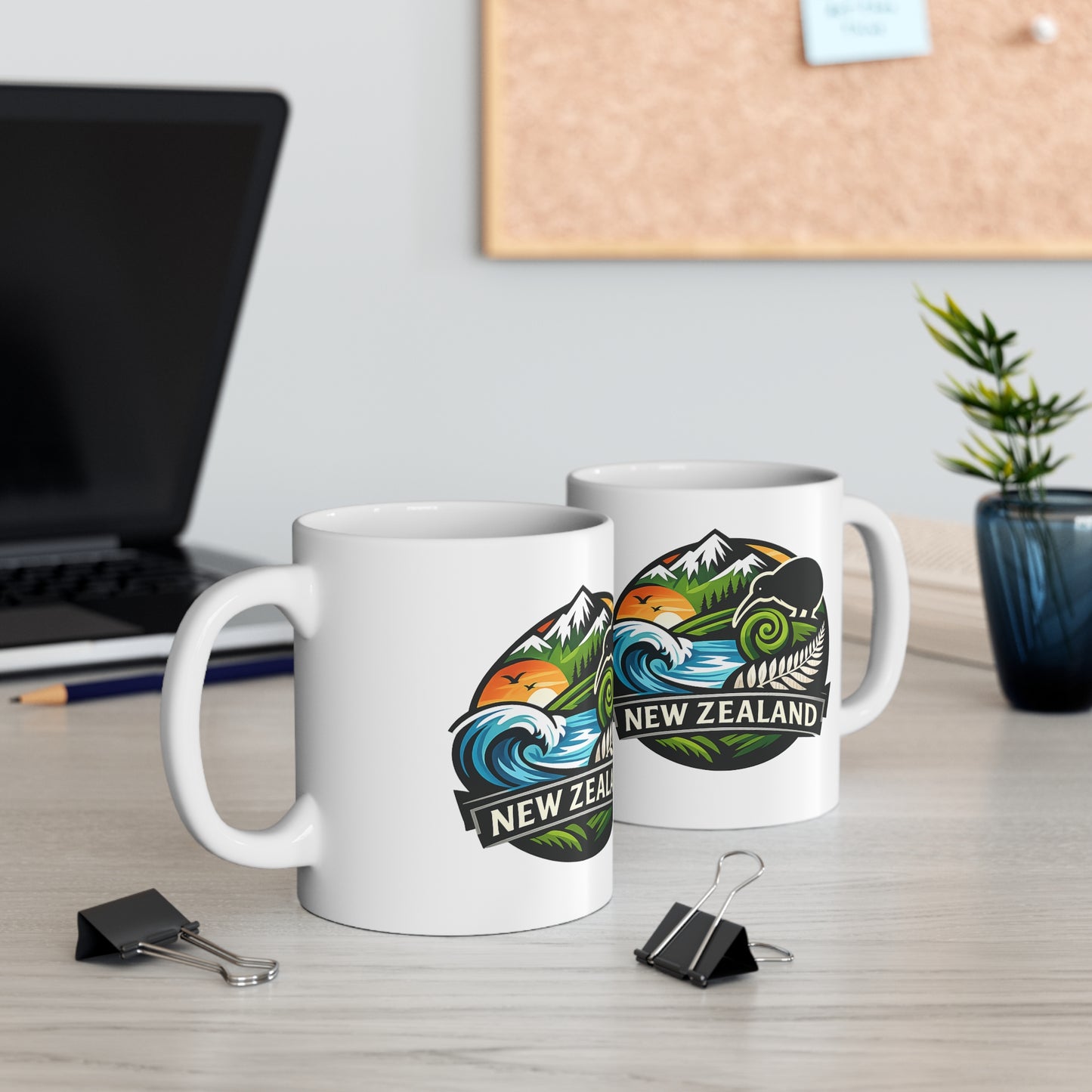 New Zealand Scenic Badge Ceramic Mug — Kiwi, Fern & Ocean Coffee Cup (11oz/15oz)