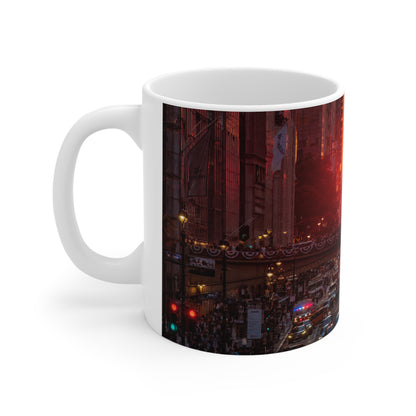 New York City Sunset Traffic Ceramic Coffee Mug — Urban Evening Skyline, 11oz & 15oz