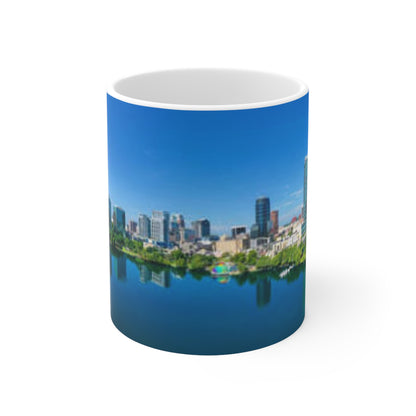 City Skyline Mug — Blue Lake Reflection Ceramic Coffee Cup (11oz & 15oz)