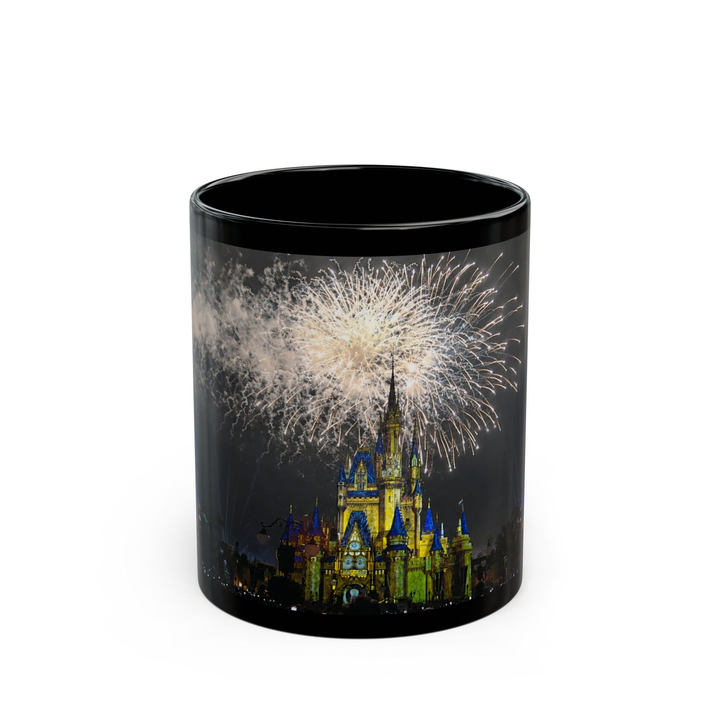 Fireworks MK Castle Black Mug — Nighttime Theme Park Coffee Cup (11oz/15oz)