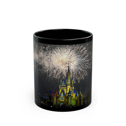 Fireworks MK Castle Black Mug — Nighttime Theme Park Coffee Cup (11oz/15oz)