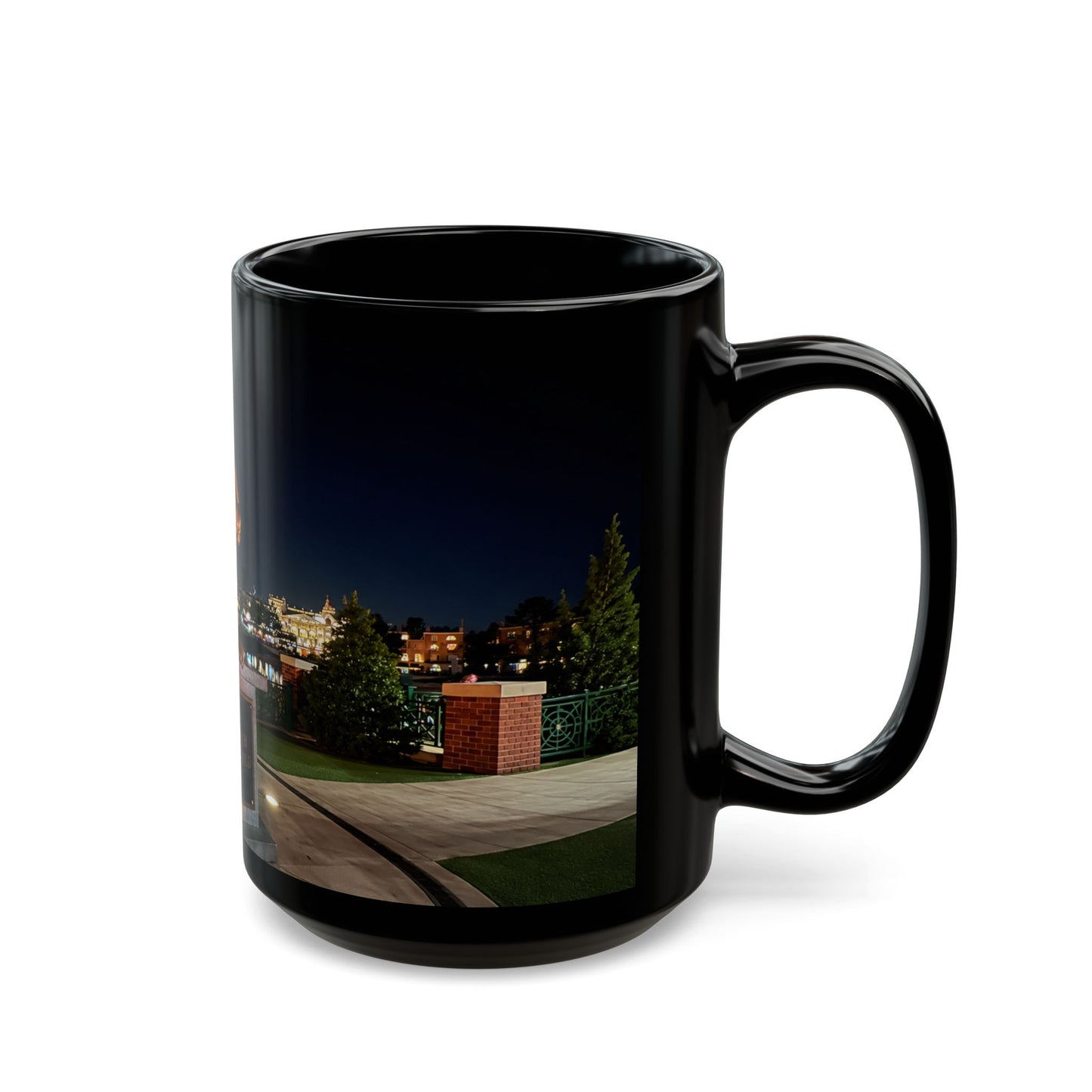 The Simpsons Photo Mug — University Statue & Campus Lights (Black 11oz/15oz)