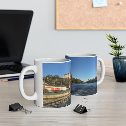 American Flag Waterfront Photo Ceramic Mug — Patriotic 11oz & 15oz Coffee Cup