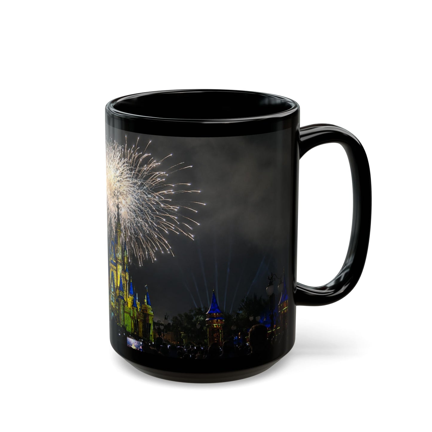 Fireworks MK Castle Black Mug — Nighttime Theme Park Coffee Cup (11oz/15oz)