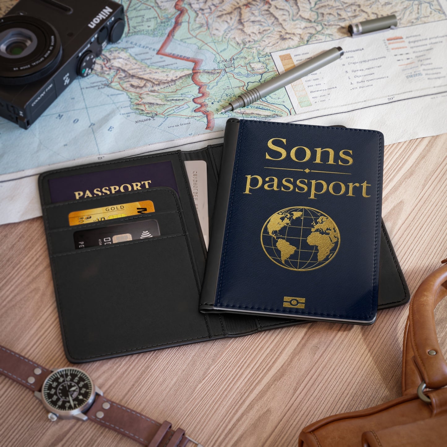 Sons Passport Cover – Personalized Travel Document Holder with Gold Globe Design