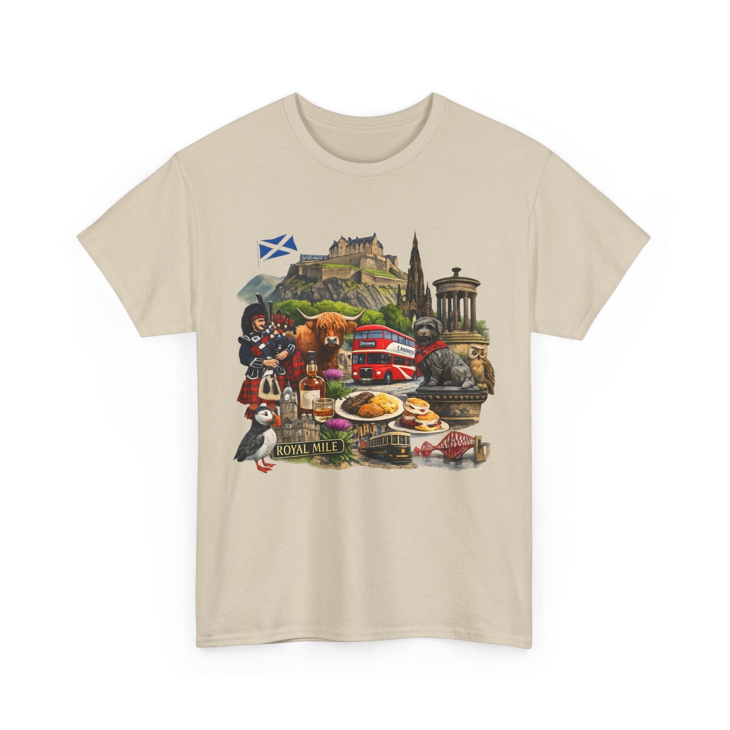 Scotland / Edinburgh Travel Collage T-Shirt — Edinburgh Castle, Bagpipes & Local Icons