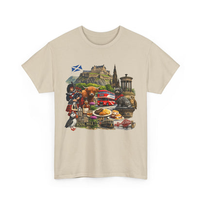 Scotland / Edinburgh Travel Collage T-Shirt — Edinburgh Castle, Bagpipes & Local Icons