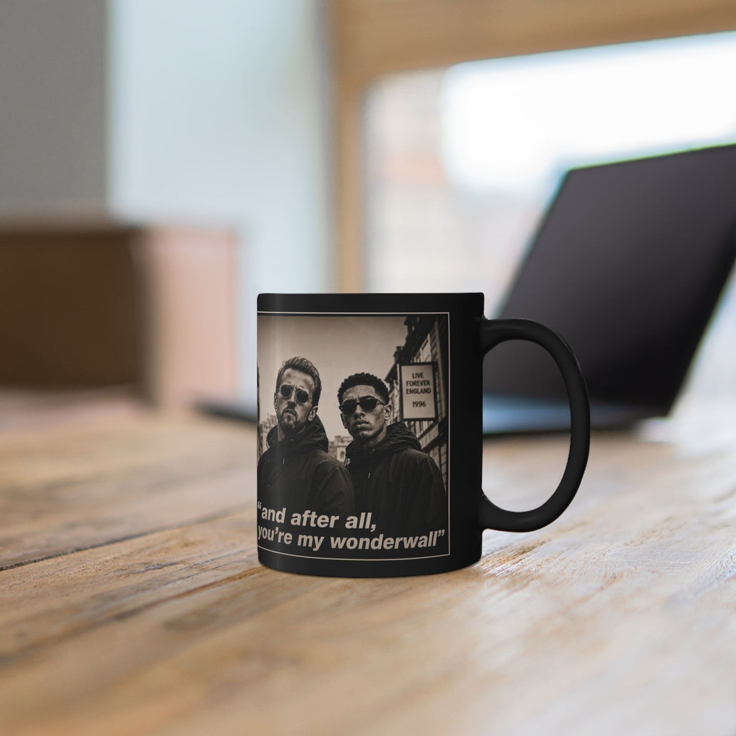 Kane and Bellingham Lyric Photo Black Mug — “and after all, you’re my wonderwall” Band Tribute Coffee Cup
